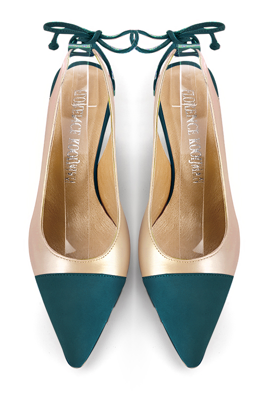 Peacock blue and gold women's slingback shoes. Pointed toe. Medium slim heel. Top view - Florence KOOIJMAN